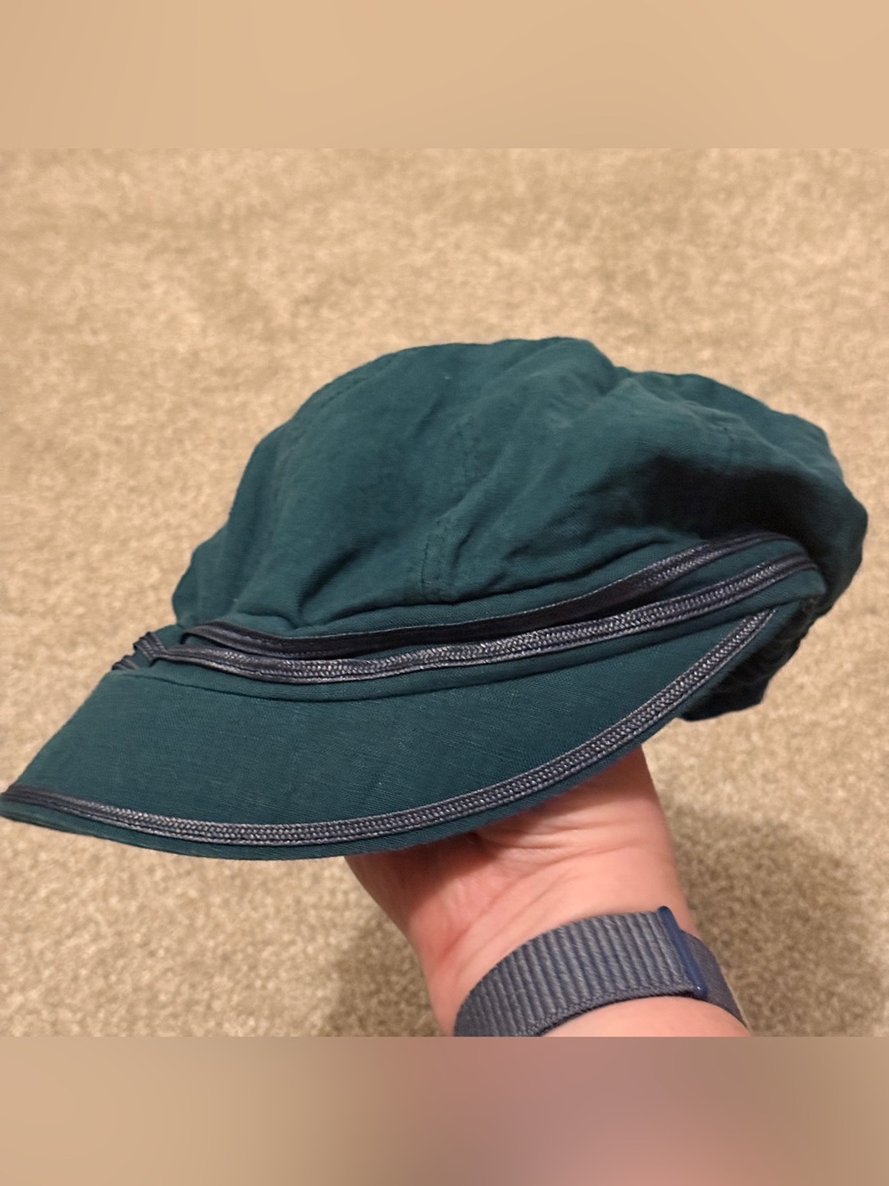 Boho Teal Green Newsboy Cap Braided Trim Baker Boy Hat Elastic Back Slouchy